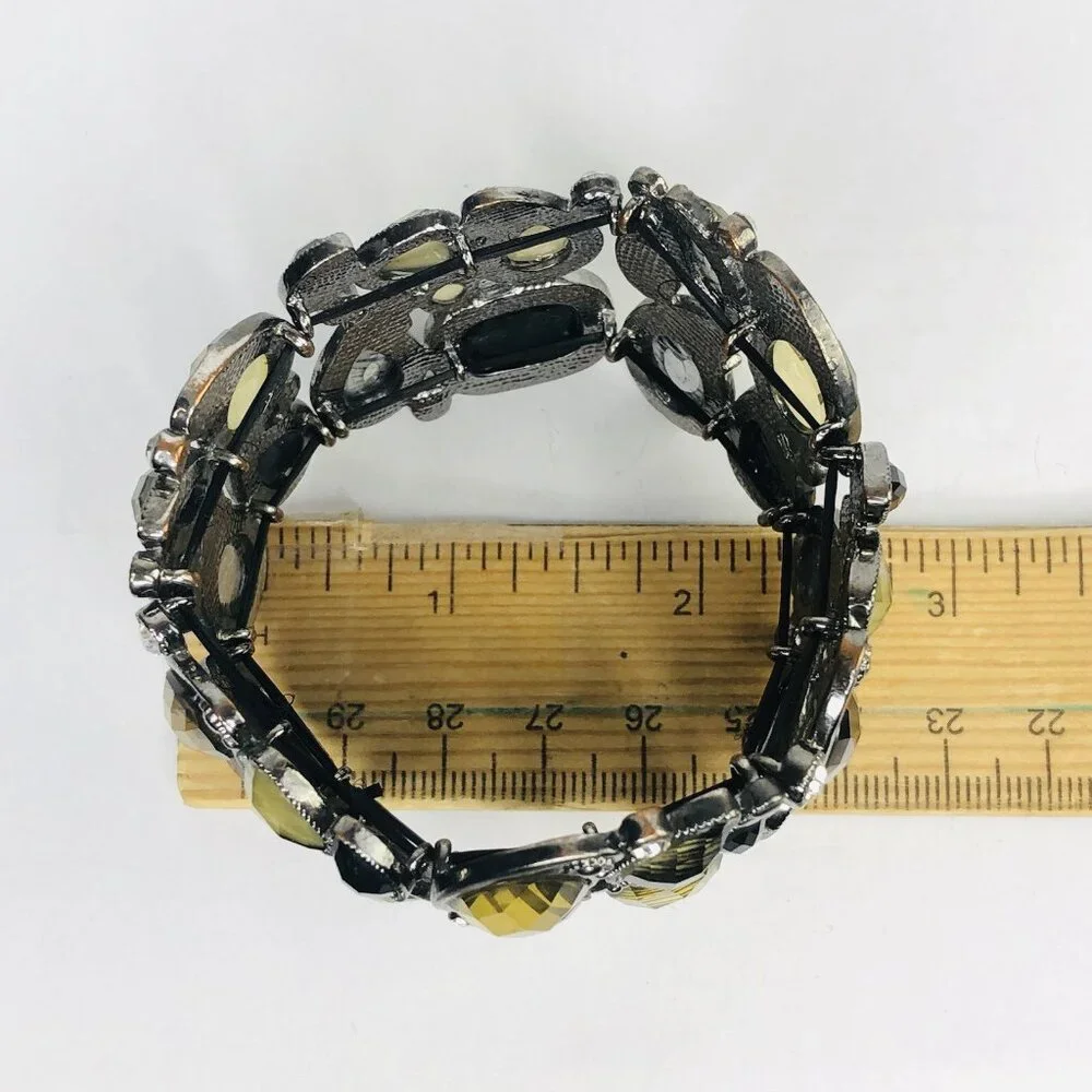 Lia Sophia Y2K Stretch Cuff Bracelet Crystals Cabochons Black Honey Gold Stones